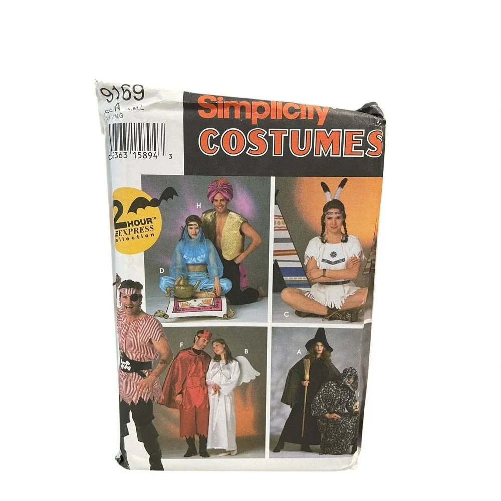Simplicity 9169 Adult Costumes S M L Pirate Genie Witch Native American Angel